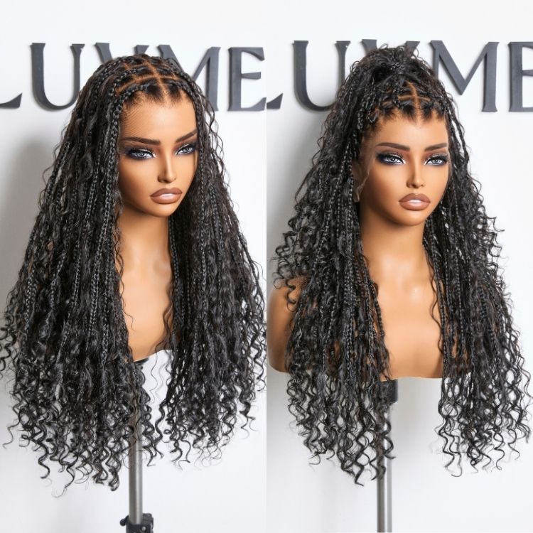 OwnScalp™ Mix Blonde / Natural Black Light Weight Flexi-Fit Invisi Drawstring Cap HD Full Lace Knotless Boho Curls Braided Long Wig Super Natural Scalp - US Only - Image 12