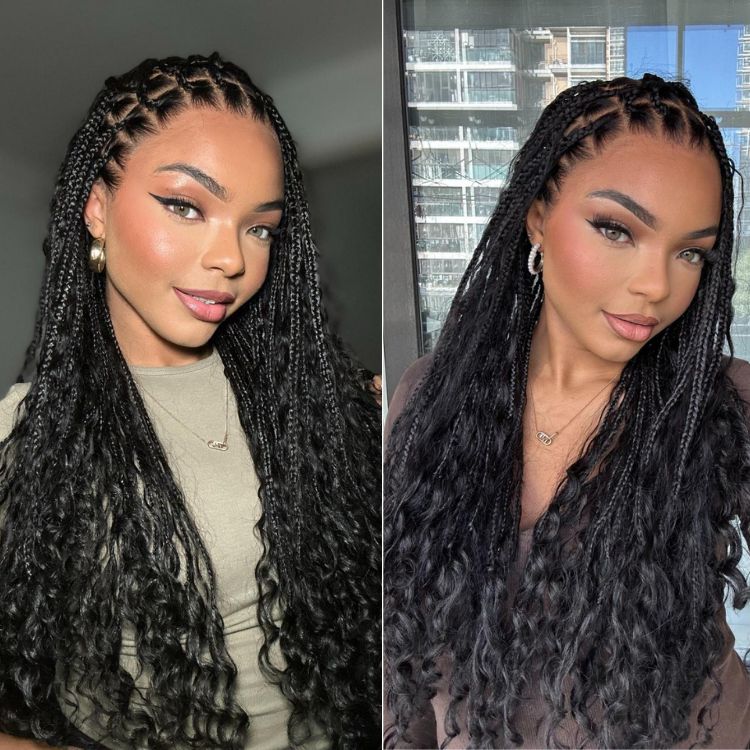 OwnScalp™ Mix Blonde / Natural Black Light Weight Flexi-Fit Invisi Drawstring Cap HD Full Lace Knotless Boho Curls Braided Long Wig Super Natural Scalp - US Only - Image 13