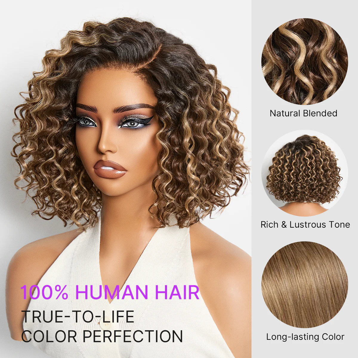 Ready to Go Blonde Highlight / Natural Black / Ombre Brown Water Wave Short Curly Bob Wig Glueless Minimalist HD Lace Wig Pre-Cut Lace - Image 2