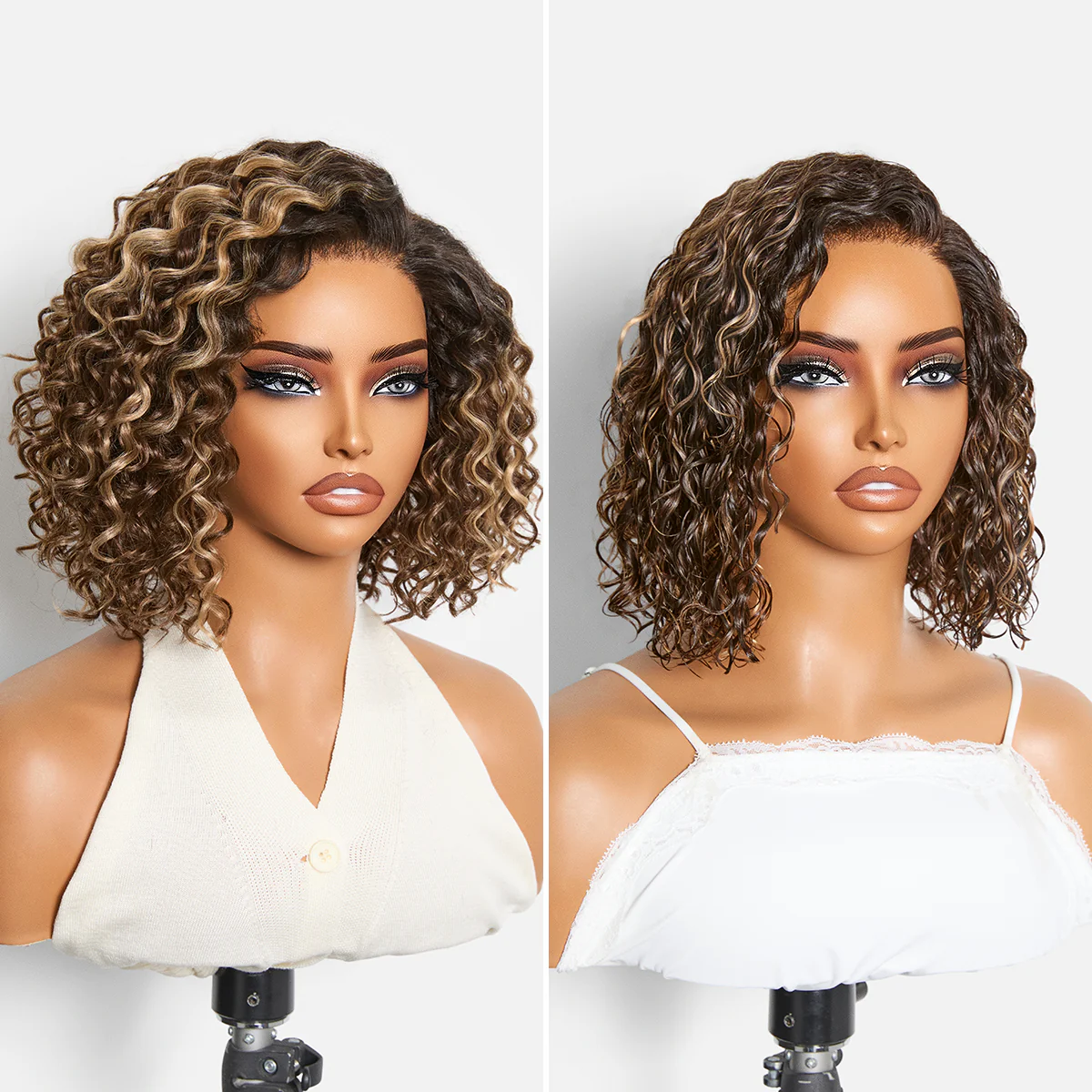 Ready to Go Blonde Highlight / Natural Black / Ombre Brown Water Wave Short Curly Bob Wig Glueless Minimalist HD Lace Wig Pre-Cut Lace - Image 3