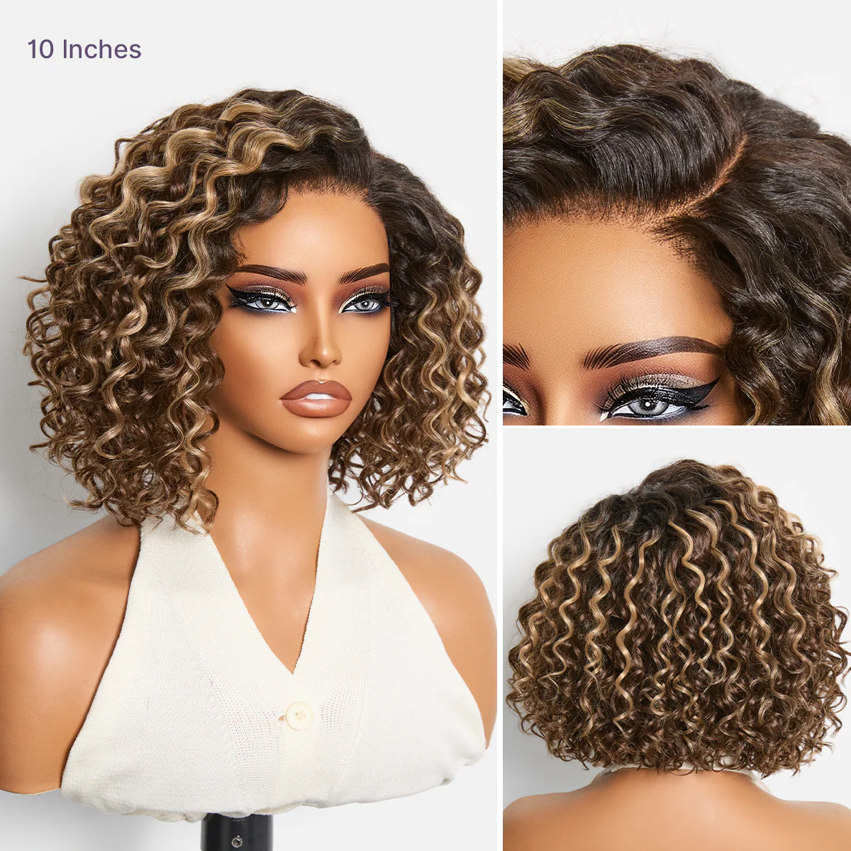Ready to Go Blonde Highlight / Natural Black / Ombre Brown Water Wave Short Curly Bob Wig Glueless Minimalist HD Lace Wig Pre-Cut Lace - Image 4