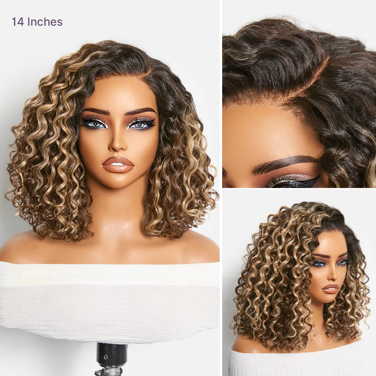 Ready to Go Blonde Highlight / Natural Black / Ombre Brown Water Wave Short Curly Bob Wig Glueless Minimalist HD Lace Wig Pre-Cut Lace - Image 5