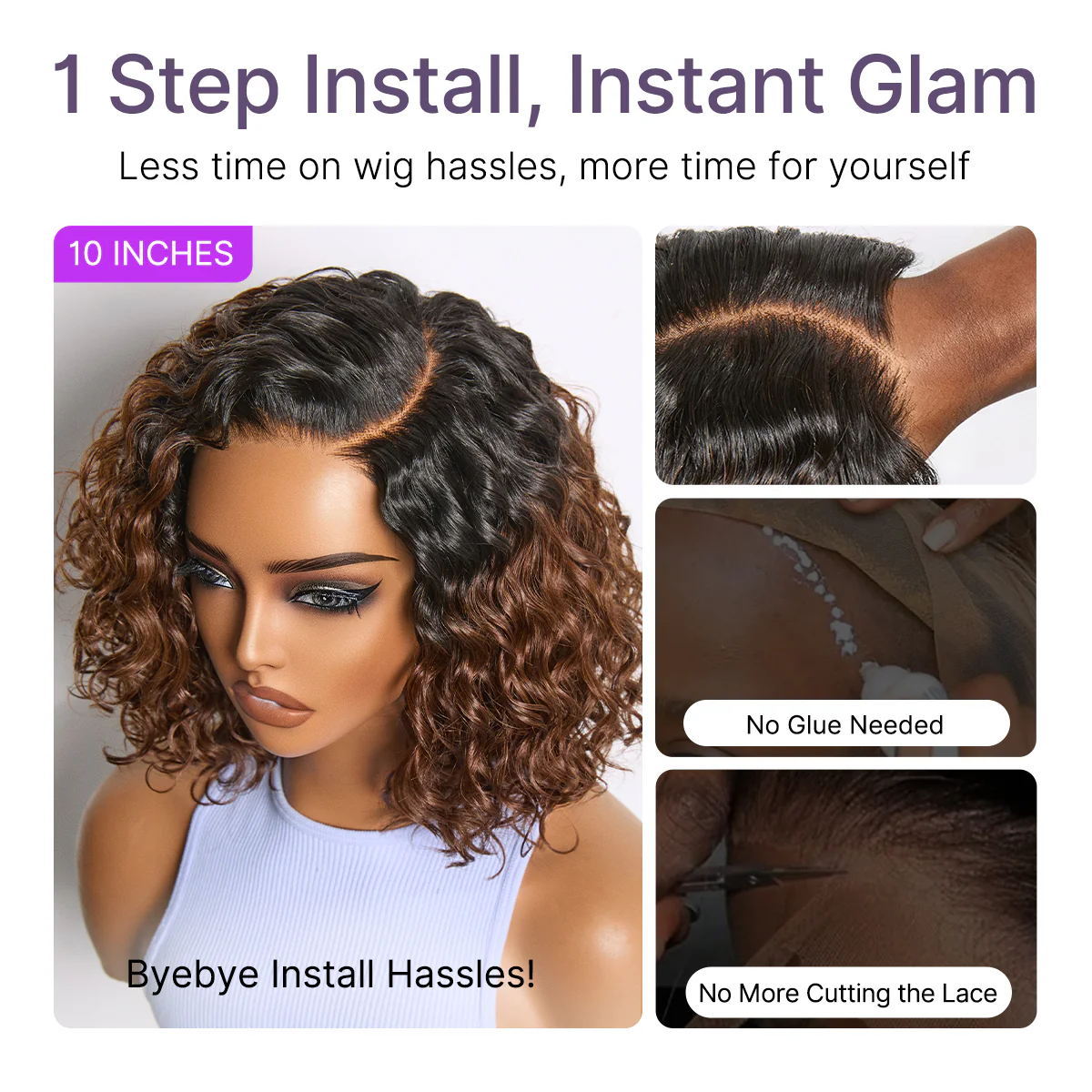 Ready to Go Ombre Brown Water Wave Short Curly Bob Wig Glueless Minimalist HD Lace Wig Pre-Cut Lace - Image 7