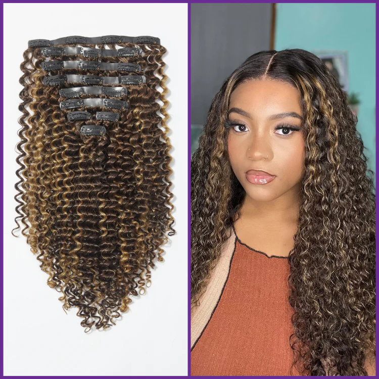 Seamless Brown Highlight Deep Wave Clip in Hair Extensions 135g 9pcs / 7pcs with Free Gift