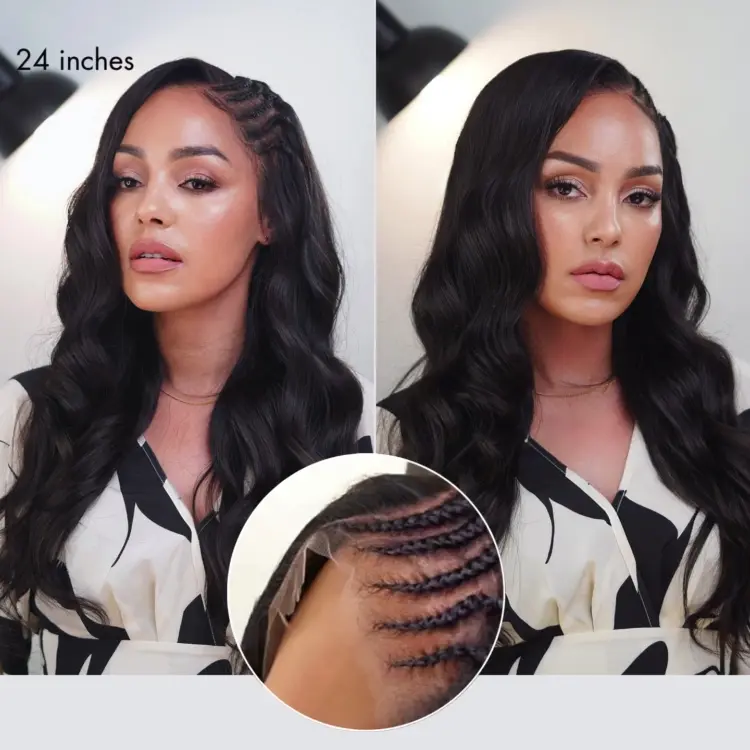 Readitress™ Side Braided Yaki Body Wave Glueless Ear-to-ear 13x6 Frontal HD Lace Wig Human Hair Flexi-Fit Drawstring Cap - Image 3