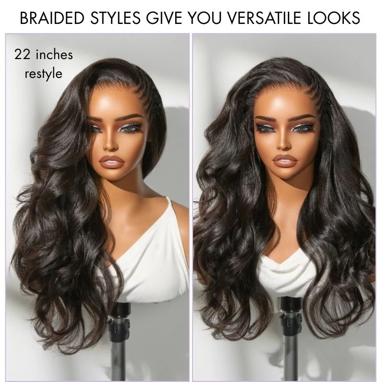 Readitress™ Side Braided Yaki Body Wave Glueless Ear-to-ear 13x6 Frontal HD Lace Wig Human Hair Flexi-Fit Drawstring Cap - Image 4