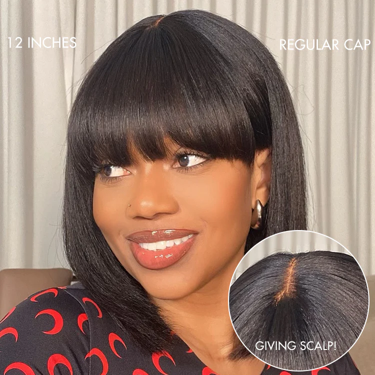 Special Offer | Put On and Go Brown Highlight / Natural Black Layered Cut Yaki Straight Minimalist Lace Bob Wig with Bangs - Image 10