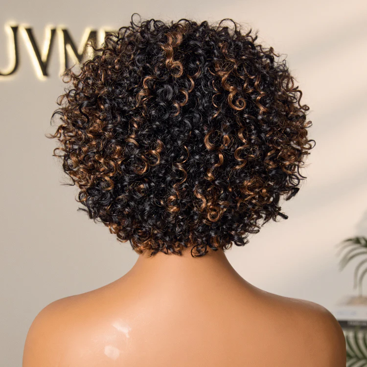 Throw On & Go Brown Highlight Short Curly with Bangs Wig Ultra Comfort Skin-Like Soft Care Glueless Hair Loss Friendly Wig - Image 9