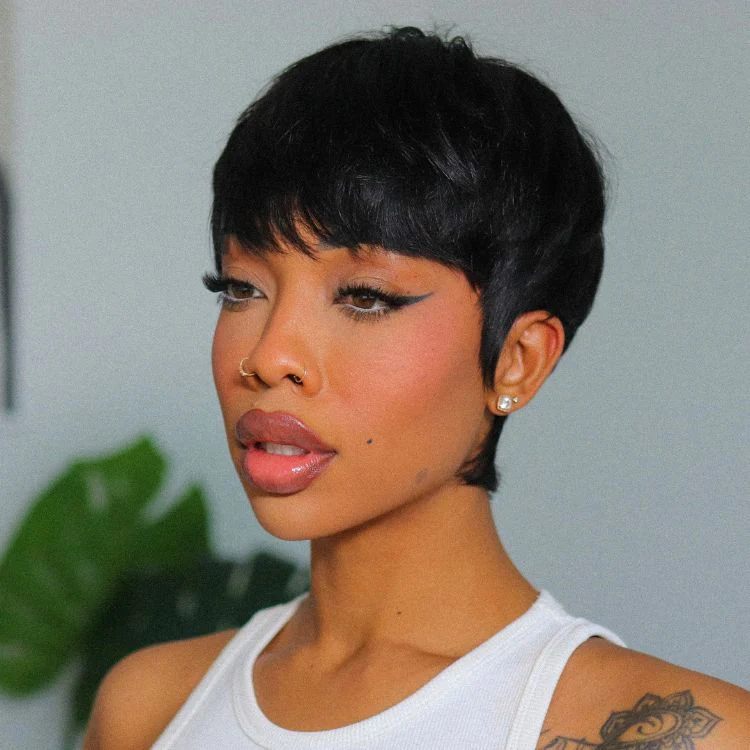 Throw On & Go Short Cut with Bangs Wig Ultra Comfort Skin-Like Soft Care Glueless Wig Hair Loss Friendly - Image 5