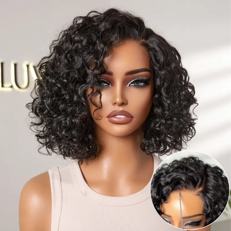 Tiktok Exclusive Deal | Ready to Go Blonde Highlight / Natural Black / Ombre Brown Water Wave Short Curly Bob Wig Glueless Minimalist HD Lace Wig Pre-Cut Lace - Image 7