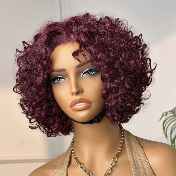 Trendy Burgundy Curly Bob Glueless Minimalist HD Lace T Part 99J Hair Color Wig 100% Human Hair - US Only - Image 3