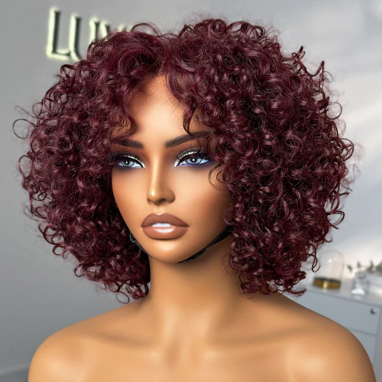 Trendy Burgundy Curly Bob Glueless Minimalist HD Lace T Part 99J Hair Color Wig 100% Human Hair - US Only - Image 4