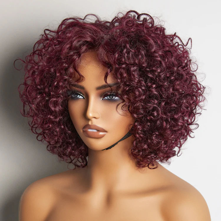 Trendy Burgundy Curly Bob Glueless Minimalist HD Lace T Part 99J Hair Color Wig 100% Human Hair - US Only - Image 5