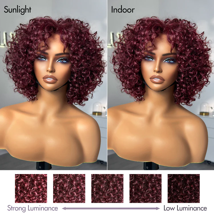 Trendy Burgundy Curly Bob Glueless Minimalist HD Lace T Part 99J Hair Color Wig 100% Human Hair - US Only - Image 7