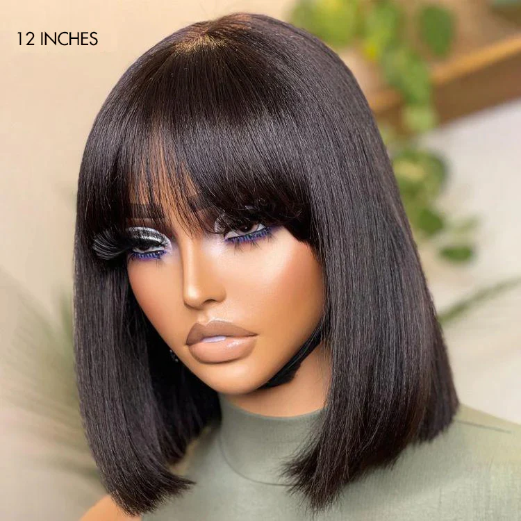 Put On and Go Realistic Glueless Yaki Straight Bob with Bangs Minimalist Lace Wig 100% Human Hair - Image 2