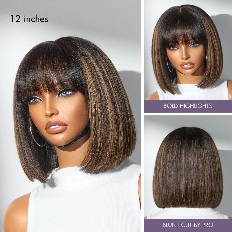 Put On and Go Realistic Glueless Yaki Straight Bob with Bangs Minimalist Lace Wig 100% Human Hair - Image 7